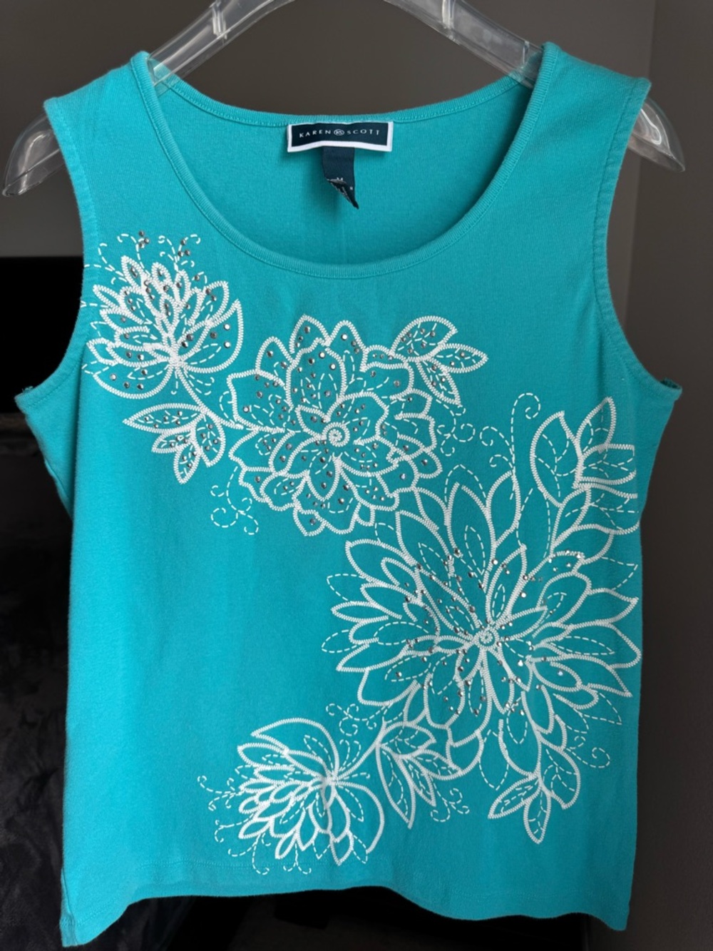 Karen Scott Y2K Turquoise Tank Top - White Floral - Medium